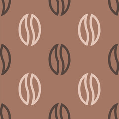 Seamless pattern with coffee beans in brown and beige colors. Minimalist background with outlined coffee beans in trendy colors of the year 2025. Hand draw effect