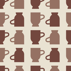 Seamless pattern with coffee mugs in mocha brown and beige colors. Minimalist geometric poster in coffee mocha and mousse 2025 colors of the year. Contemporary art in retro style