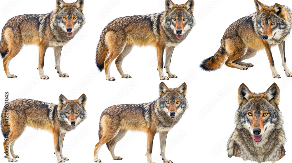 Poster collection of wild wolves on transparent background generative ai