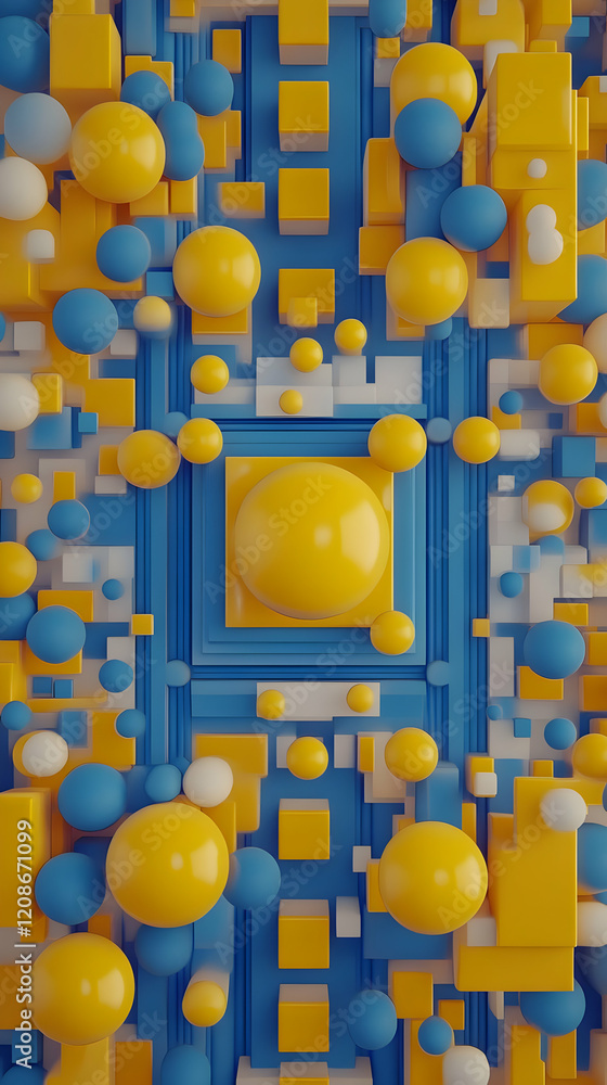 Poster 3d abstract background with blue and yellow spheres and cubes creates a dynamic visual