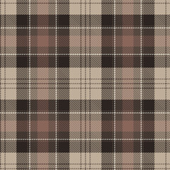 Tartan seamless pattern in mocha brown and mousse beige colors of the year 2025. Scottish plaid with checkered ornament in pastel brown colors. Flat style design. Vector illustration