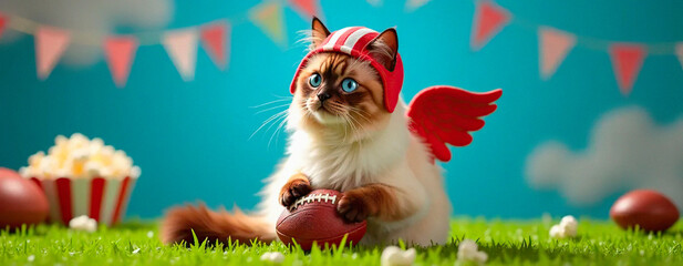 cat Angel portrait on football background and popcorn | Commercial | Cute | Background for a football project  | cute stadium