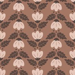 Floral pattern in coffee brown colors of the year 2025. Beautiful seamless pattern with flowers and leaves on a pastel brown background. Cute hand drawn rustic style
