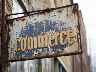 Vintage Rustic Sign with Distressed Metal Texture Depicting the Word Commerce on Urban Street Background