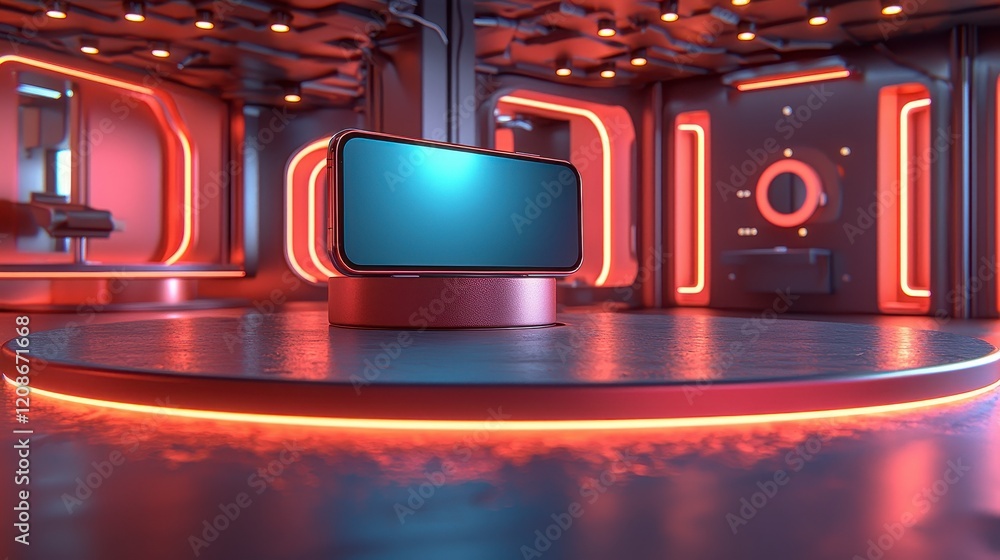 Poster futuristic room with a large screen display on a rotating platform.