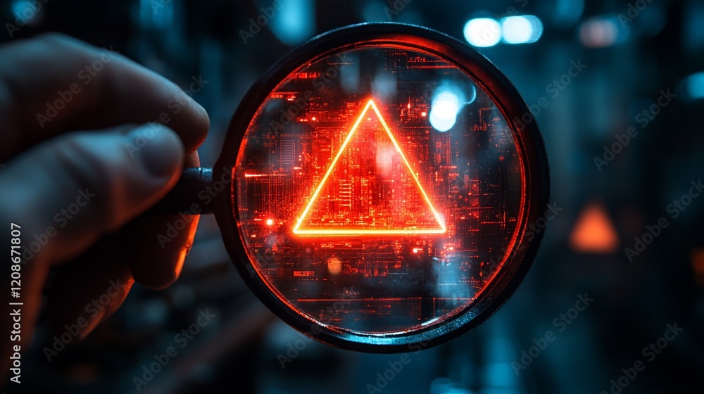 Aufkleber examining tech triangle alert; futuristic background
