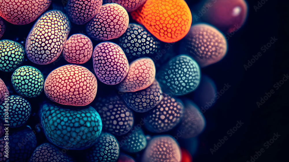 Poster colorful cluster of textured spheres forms an intricate abstract design on a dark background