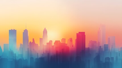 a city skyline with a bright orange and blue sky in the background