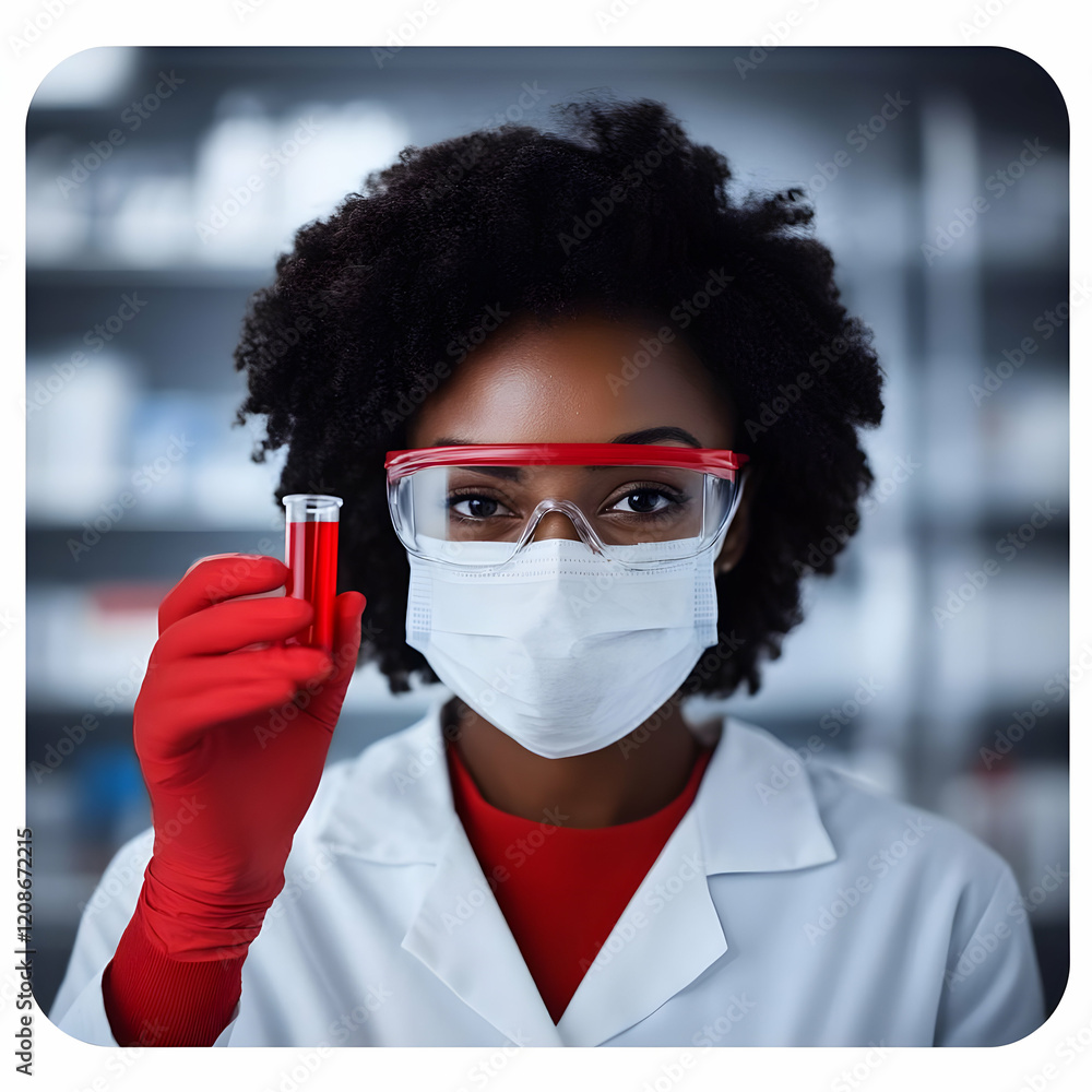 Poster scientist holds test tube with red liquid in laboratory setting carefully examining sample.