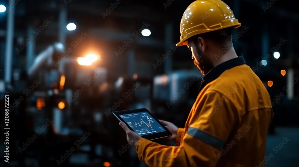 Poster factory worker checks data on tablet