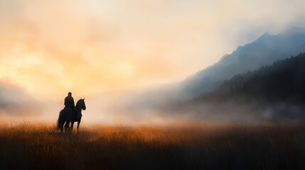 a man riding a horse in a field with a mountain in the background at sunset