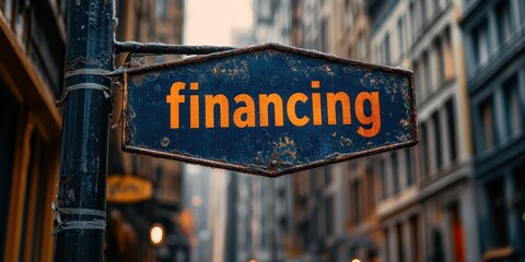 Urban Business Sign Featuring the Word "Financing" in a Bustling City Street with Blurred Background Buildings Suggesting Economic Activity and Commerce