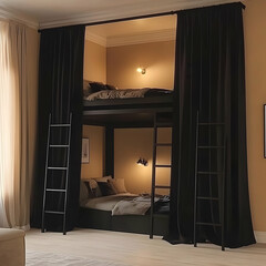 Cozy Bunk Beds Embrace Warm Lighting and Dark Curtains in a Modern Bedroom Design.