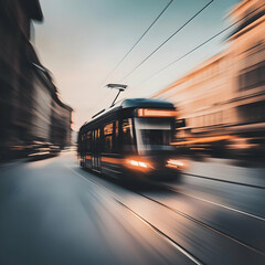 Modern Tram Races Through City Streets at Dusk with Blurred Motion