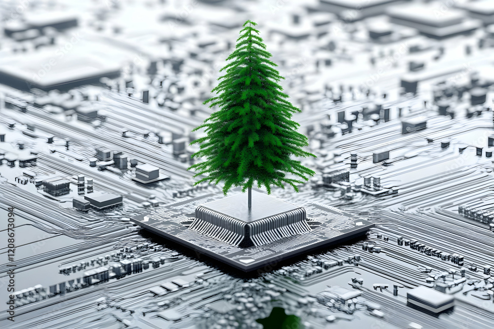 Poster green tree grows on a computer chip in a futuristic circuit board environment.