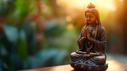 Obraz premium a statue of a buddha sitting on a table in the sun light with a blurry background of a plant