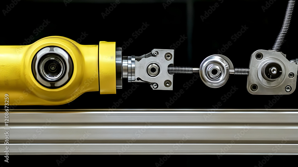 Poster yellow robotic arm with metal components precisely executes tasks in a technological setting.