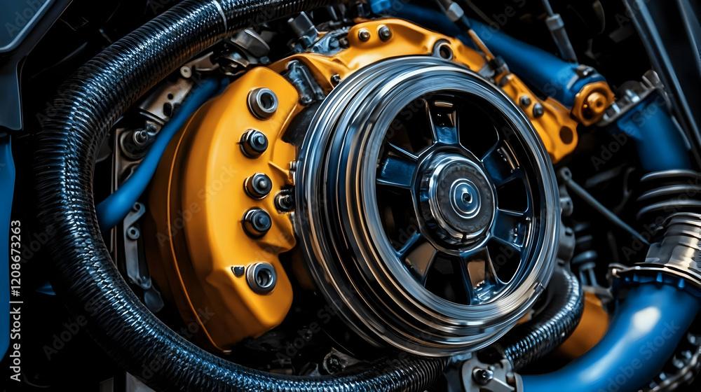 Poster close-up photo of an engine's complex components with yellow and blue accents in a dark setting show