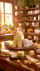 Assortment of Cheeses Displayed on a Wooden Table in a Rustic Kitchen Setting with Sunlight
