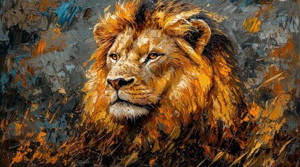 Majestic lion portrait, painted in vibrant autumnal colors.