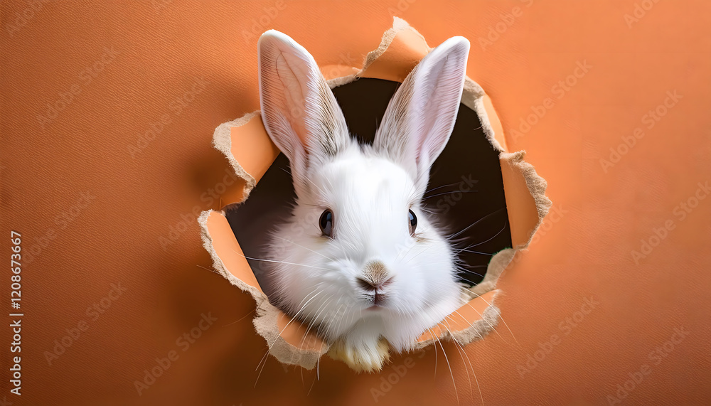 Poster a white rabbit with brown spots peers through a torn hole in an orange background, creating a playfu