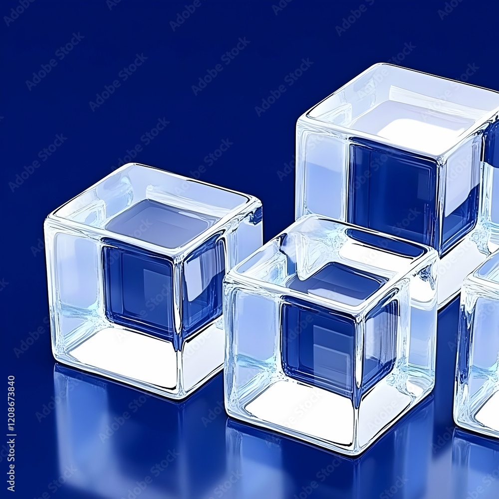 Poster four translucent ice cubes create a cool, refreshing scene on a deep blue background.