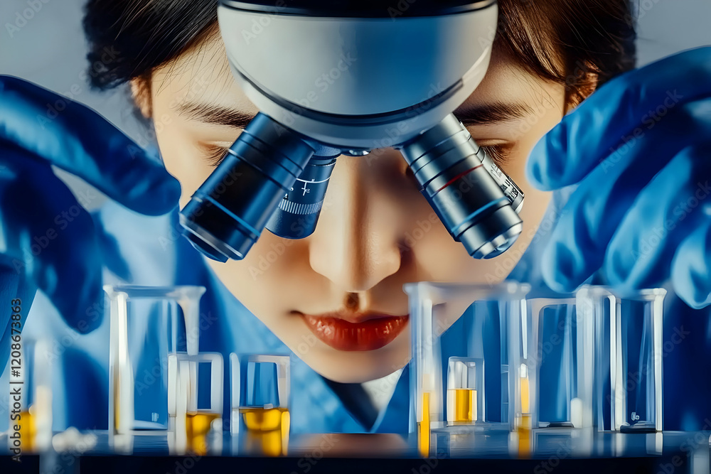 Poster scientist examines samples under microscope in lab for research and development innovation carefully