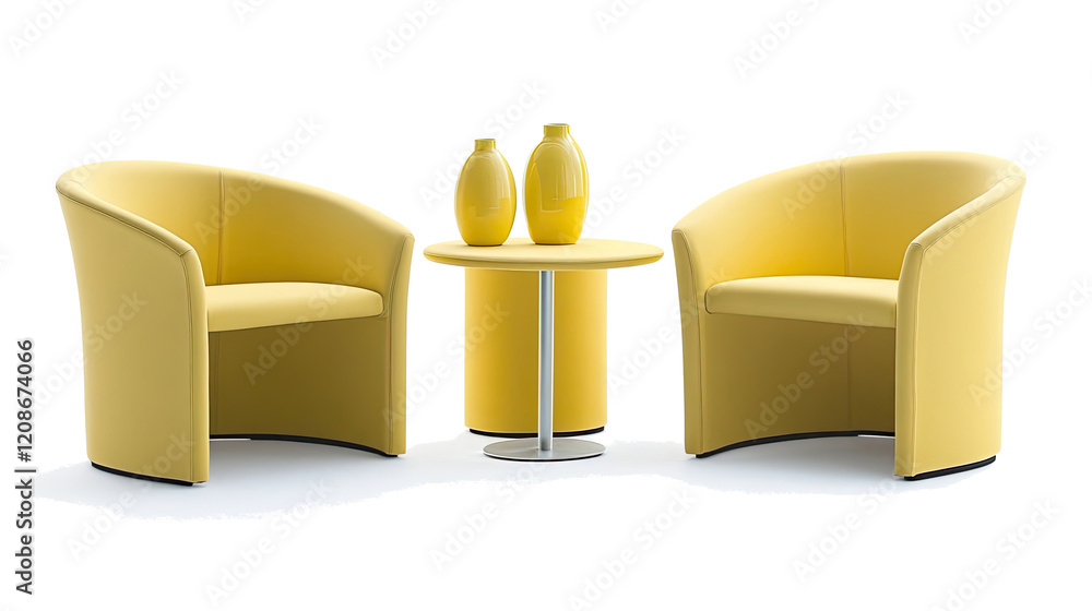 Poster yellow chairs and table with vases generative ai