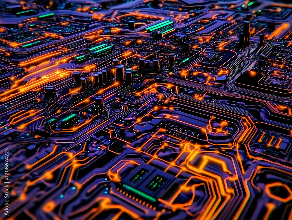 Poster complex circuit board glows with orange trails, showcasing intricate electronics design.