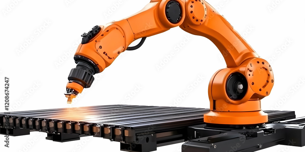 Aufkleber orange robotic arm processes material on conveyor belt efficiently and precisely on white background