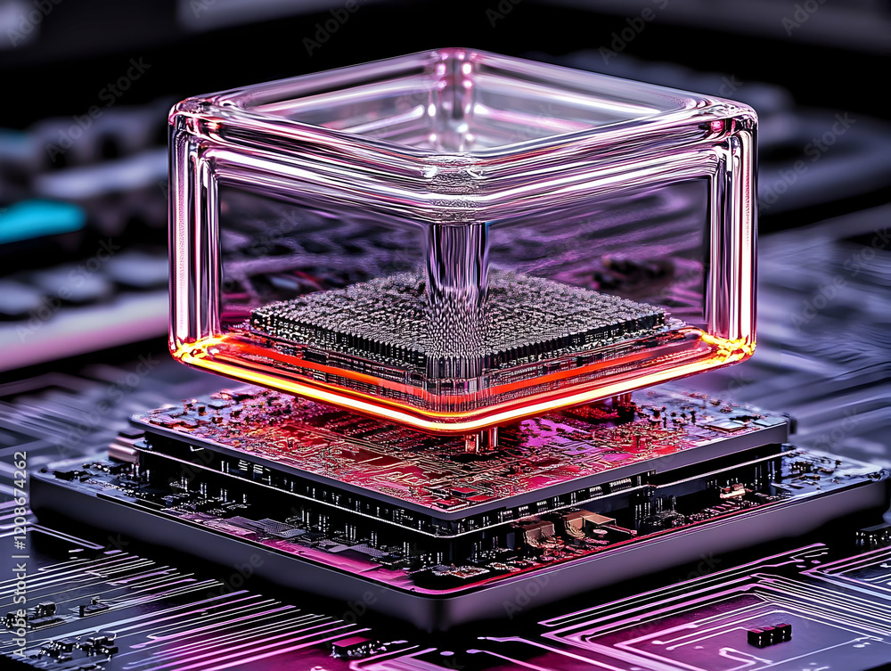 Poster 3d rendered computer chip in glass cube on circuit board with neon glow effect accurately depicts te