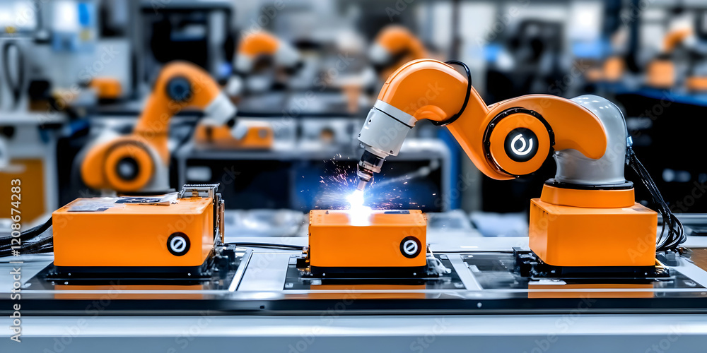 Poster orange robotic arm welds metal parts precisely and efficiently in a modern factory setting, showcasi