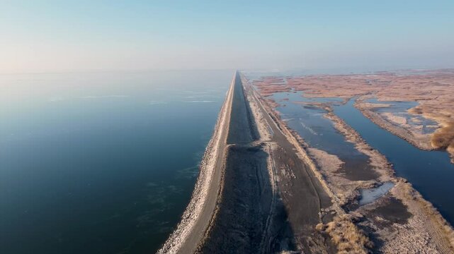 4k Aerial Winter Views of Willard Bay State Park Utah Frozen Water Ice