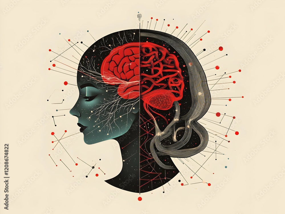 Poster abstract illustration of a woman's profile merging with a brain and neural networks
