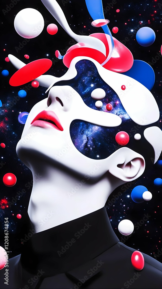 Aufkleber 3d render of a face with galaxy texture merging with abstract shapes and colorful spheres in space