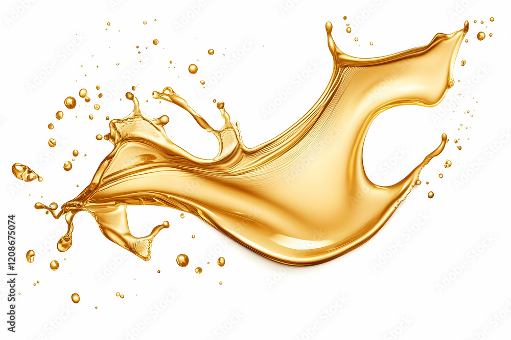Poster golden liquid splashes dynamically with droplets on white background