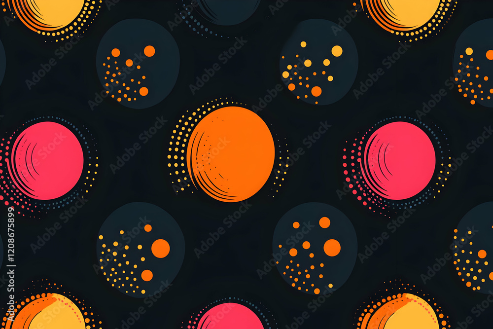 Poster colorful circles and dots pattern decorates a dark background seamlessly with modern abstract art