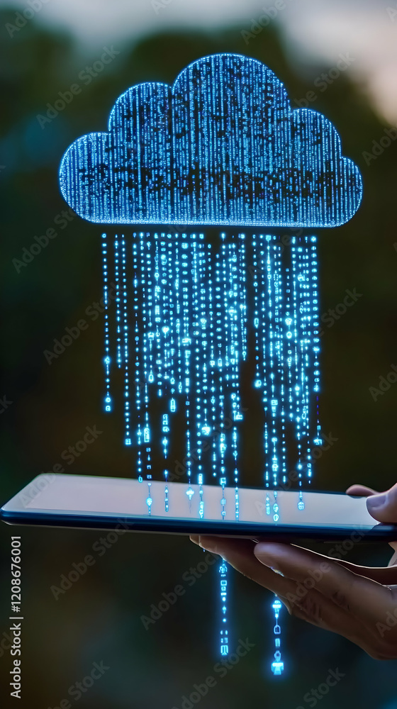 Poster digital data cloud rains binary code onto tablet held securely, modern technology illustration