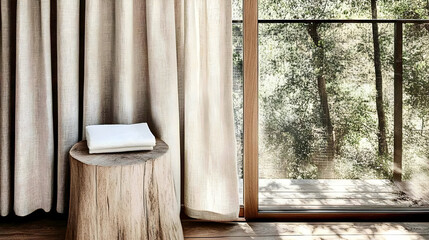 Towels Folded on Tree Stump Table beside Sheer Curtains with View of Trees through Window