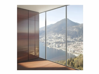 Modern Interior Shows Expansive Lake and City View Through Large Windows, Beautifully Designed.