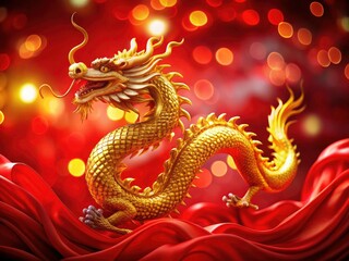 Obraz premium Long exposure reveals a majestic golden dragon against a rich red background, celebrating the Lunar New Year.