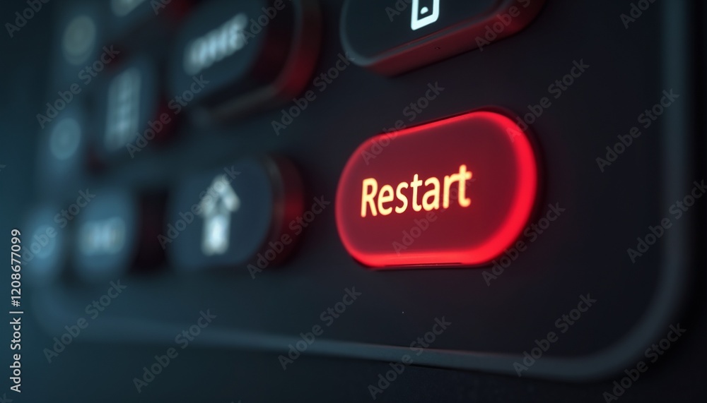 Fototapete close-up of a glowing red restart button with bright orange text on a control panel