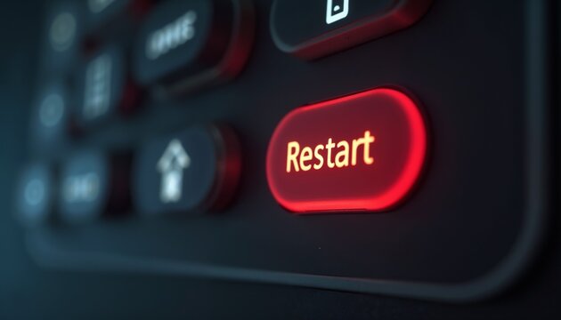 Close-up of a glowing red restart button with bright orange text on a control panel