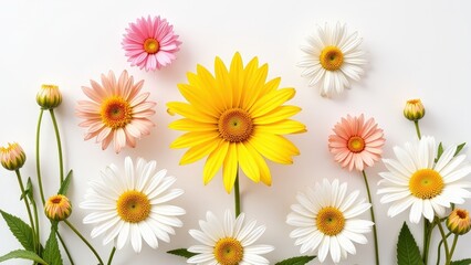 Fototapeta premium Close-knit daisies grace a pristine white wall, with a vibrant yellow bloom at the heart, creating an elegant, intimate bouquet