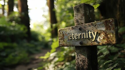A Rustic Wooden Sign Inscribed with "Eternity" Nestled in a Verdant Forest Pathway, Capturing the Mystique and Timelessness of Nature's Lush Surroundings