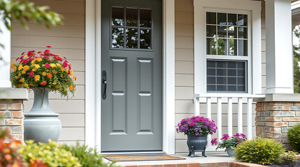 Charming Home Exterior: Gray Front Door, Brick Porch, and Colorful Potted Plants