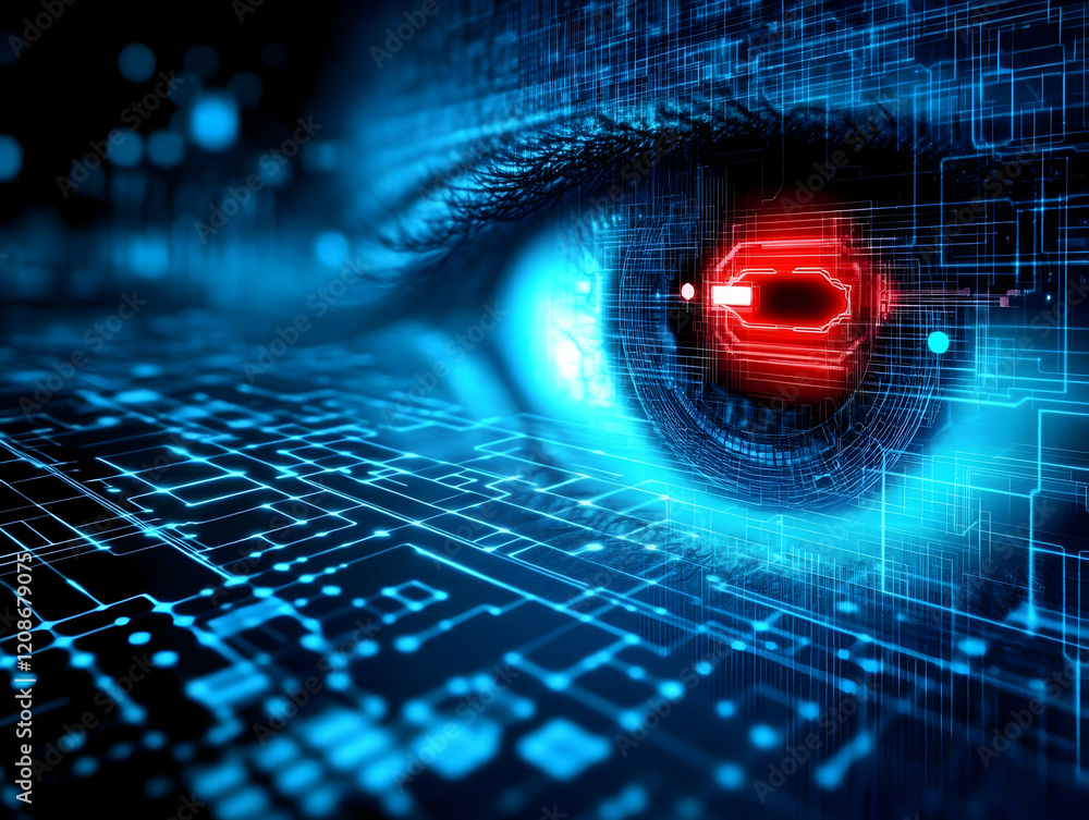 Poster digital eye scans circuitry: futuristic biometric security system analyzes data efficiently