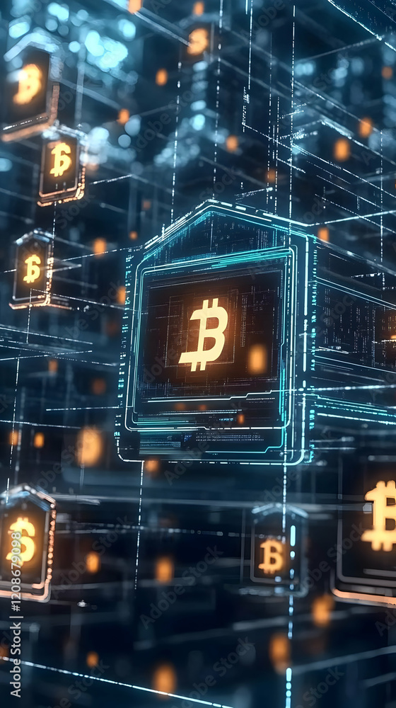 Poster digital currency mining farm shows bitcoin symbols on futuristic computer screens efficiently.