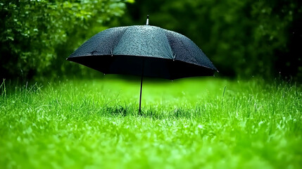 Black umbrella stands in lush green grass, droplets cling to its surface, evoking a tranquil rainy day scene.