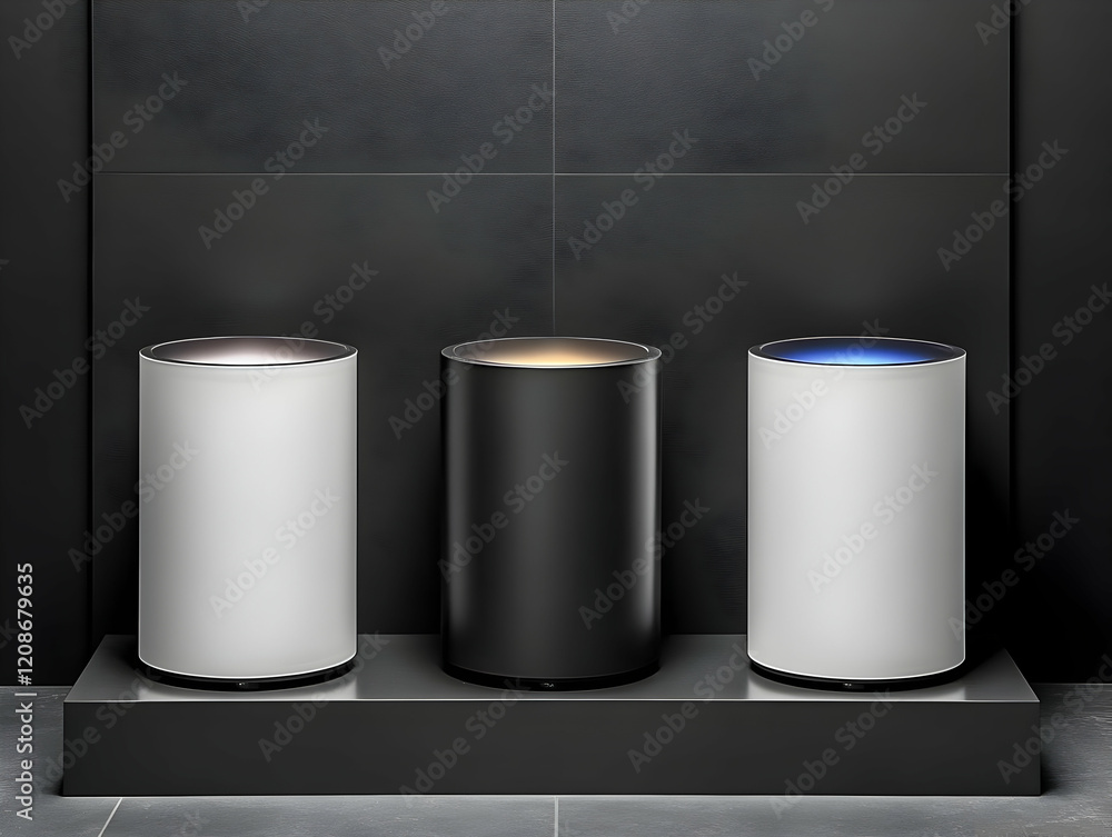 Poster three cylindrical objects displayed on a platform against a dark background.
